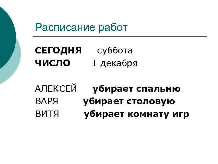 Расписание работ СЕГОДНЯ ЧИСЛО суббота 1 декабря АЛЕКСЕЙ убирает спальню ВАРЯ убирает столовую ВИТЯ
