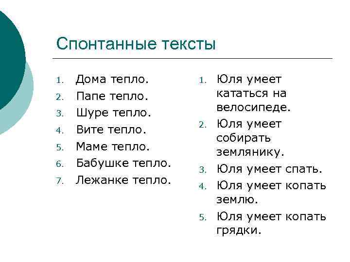 Спонтанные тексты 1. 2. 3. 4. 5. 6. 7. Дома тепло. Папе тепло. Шуре
