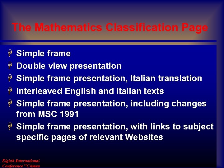 The Mathematics Classification Page H H H Simple frame Double view presentation Simple frame