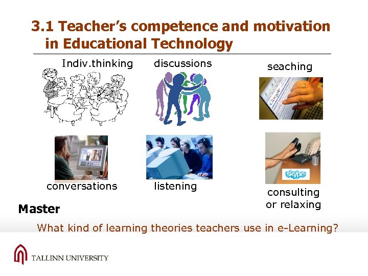3. 1 Teacher’s competence and motivation in Educational Technology Indiv. thinking conversations Master discussions