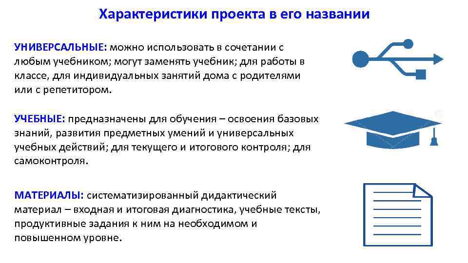 Характеристики проекта в его названии УНИВЕРСАЛЬНЫЕ: можно использовать в сочетании с любым учебником; могут