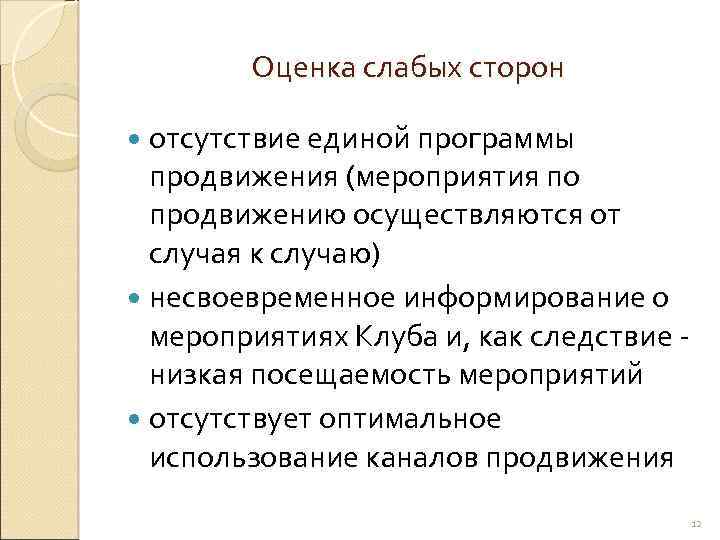 Оценка слабых сторон отсутствие единой программы продвижения (мероприятия по продвижению осуществляются от случая к