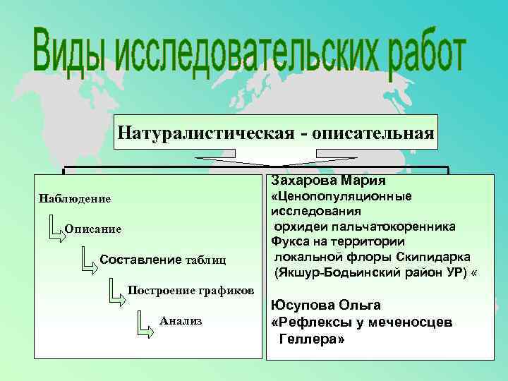 Натуралистическая - описательная Захарова Мария Наблюдение Описание Составление таблиц «Ценопопуляционные исследования орхидеи пальчатокоренника Фукса