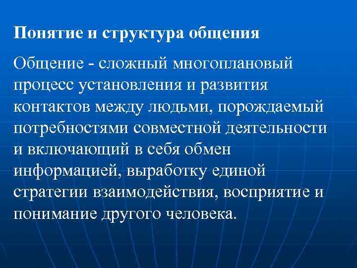 Понятие и структура общения Общение - сложный многоплановый процесс установления и развития контактов между