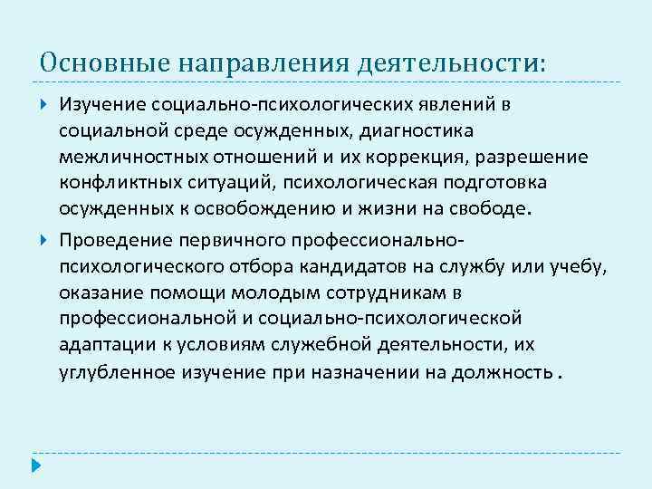 Основные направления деятельности: Изучение социально-психологических явлений в социальной среде осужденных, диагностика межличностных отношений и