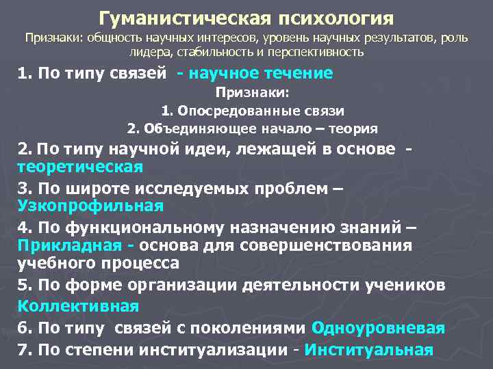 Гуманистическая психология Признаки: общность научных интересов, уровень научных результатов, роль лидера, стабильность и перспективность