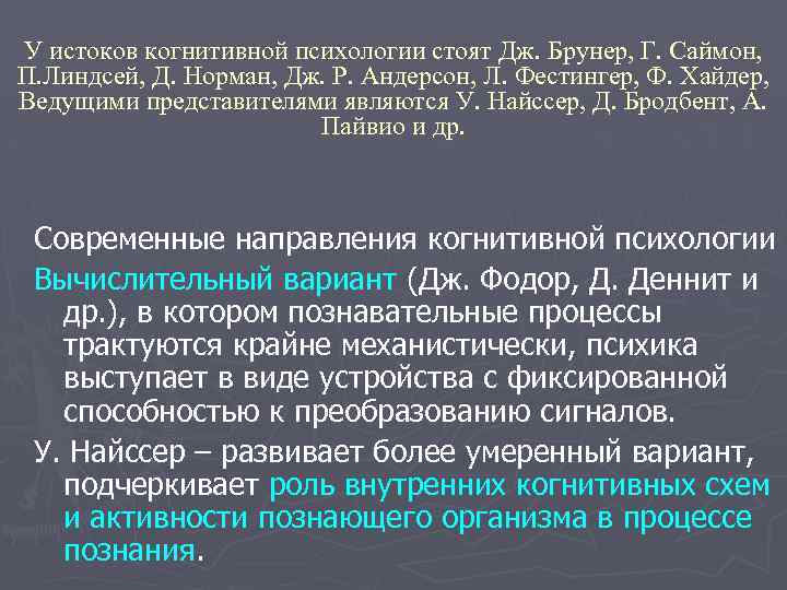 У истоков когнитивной психологии стоят Дж. Брунер, Г. Саймон, П. Линдсей, Д. Норман, Дж.