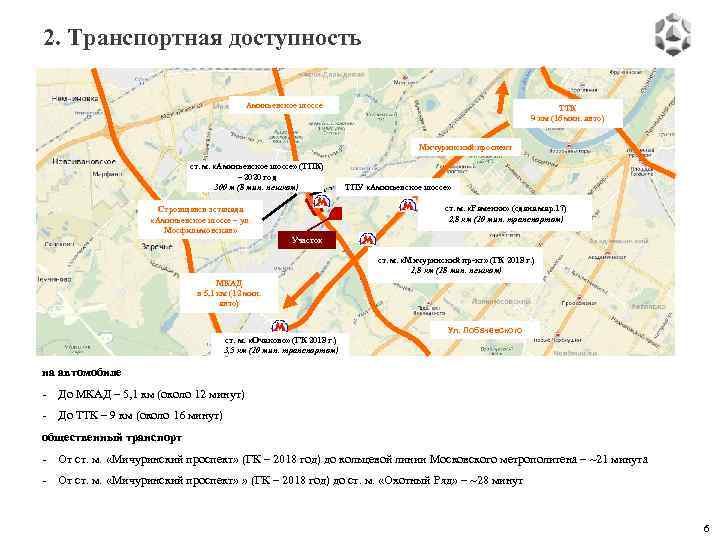 2. Транспортная доступность Аминьевское шоссе ТТК 9 км (16 мин. авто) Мичуринский проспект ст.