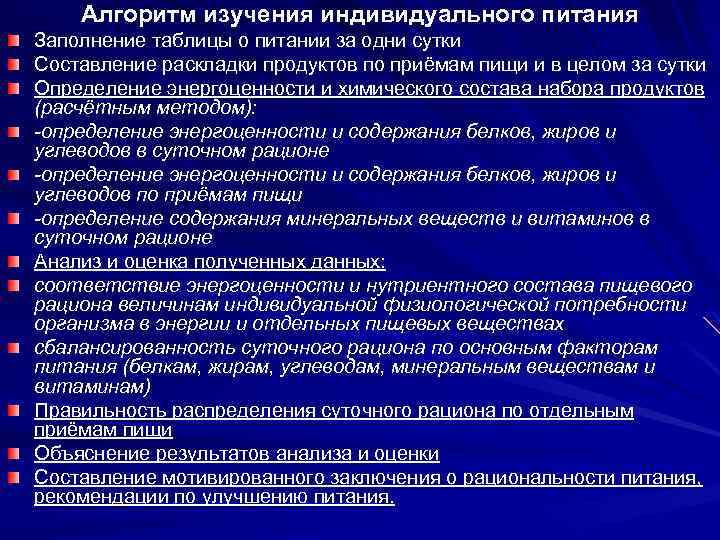 Алгоритм изучения индивидуального питания Заполнение таблицы о питании за одни сутки Составление раскладки продуктов
