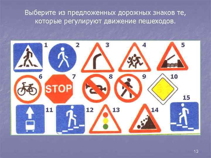 Выберите из предложенных дорожных знаков те, которые регулируют движение пешеходов. 1 6 2 3