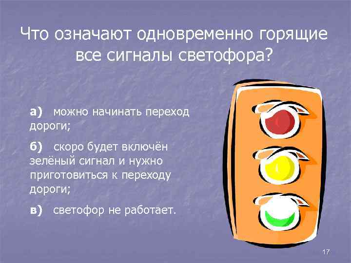 Что означают одновременно горящие все сигналы светофора? а) можно начинать переход дороги; б) скоро