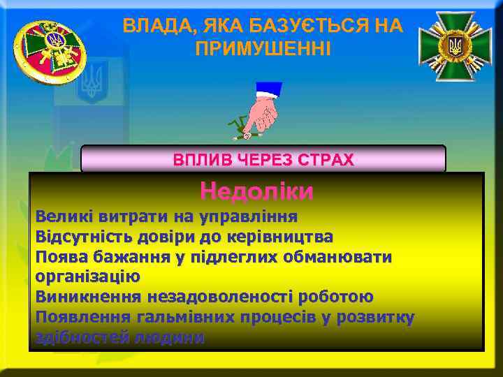 ВЛАДА, ЯКА БАЗУЄТЬСЯ НА ПРИМУШЕННІ ВПЛИВ ЧЕРЕЗ СТРАХ Недоліки Великі витрати на управління Відсутність