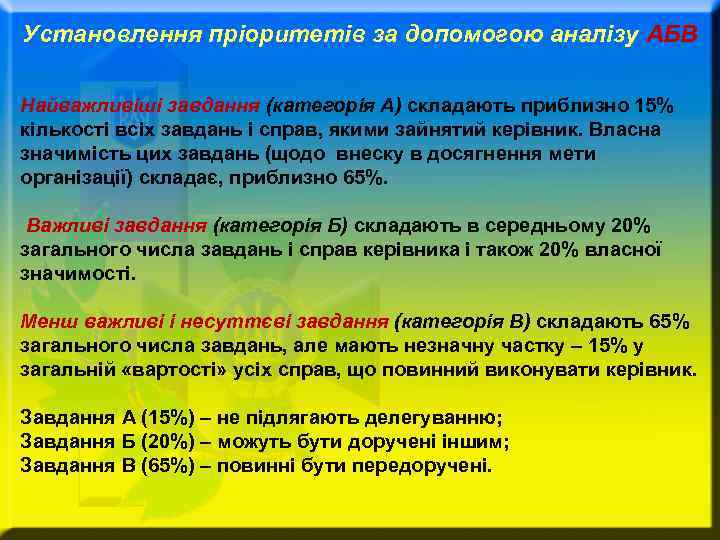 Установлення пріоритетів за допомогою аналізу АБВ Найважливіші завдання (категорія А) складають приблизно 15% кількості