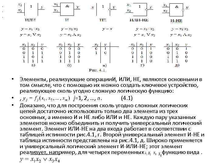 , , , • Элементы, реализующие операции. И, ИЛИ, НЕ, являются основными в том