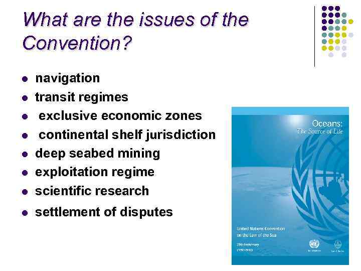 What are the issues of the Convention? l navigation transit regimes exclusive economic zones