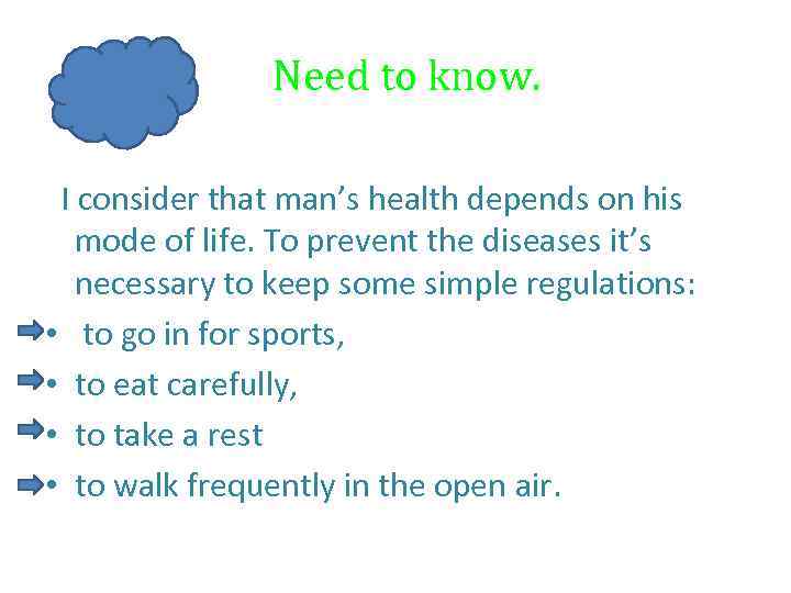  Need to know. I consider that man’s health depends on his mode of
