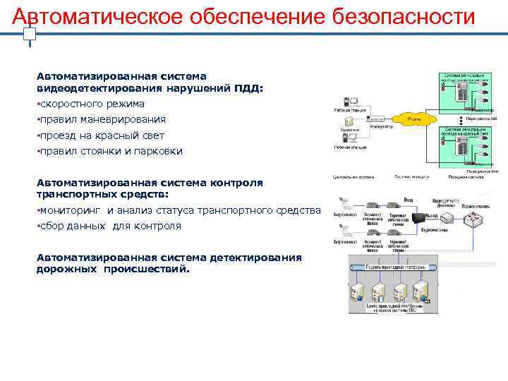 Автоматическое обеспечение безопасности Автоматизированная система видеодетектирования нарушений ПДД: • скоростного режима • правил маневрирования