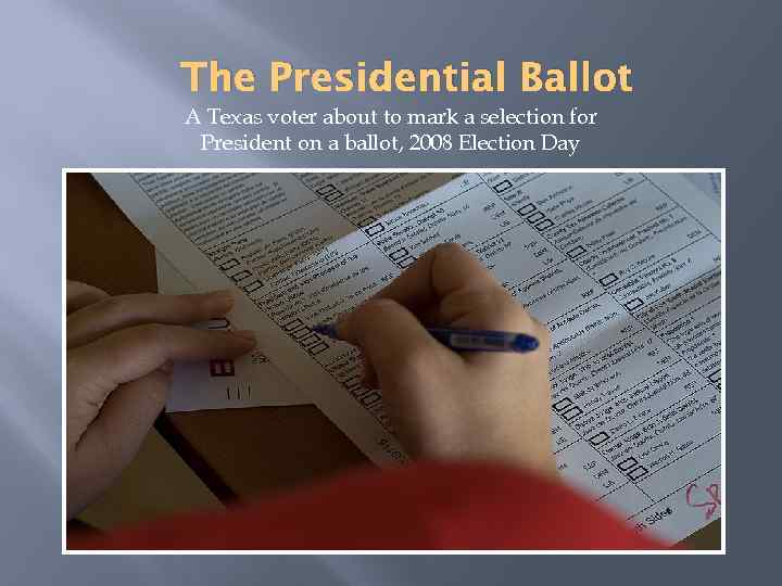 The Presidential Ballot A Texas voter about to mark a selection for President on