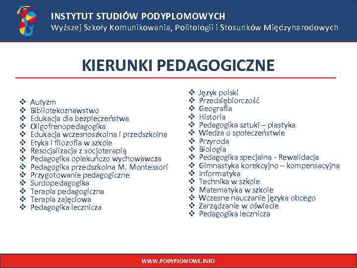 INSTYTUT STUDIÓW PODYPLOMOWYCH Wyższej Szkoły Komunikowania, Politologii i Stosunków Międzynarodowych KIERUNKI PEDAGOGICZNE v v