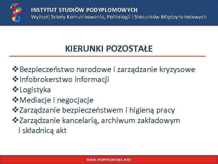 INSTYTUT STUDIÓW PODYPLOMOWYCH Wyższej Szkoły Komunikowania, Politologii i Stosunków Międzynarodowych KIERUNKI POZOSTAŁE v. Bezpieczeństwo
