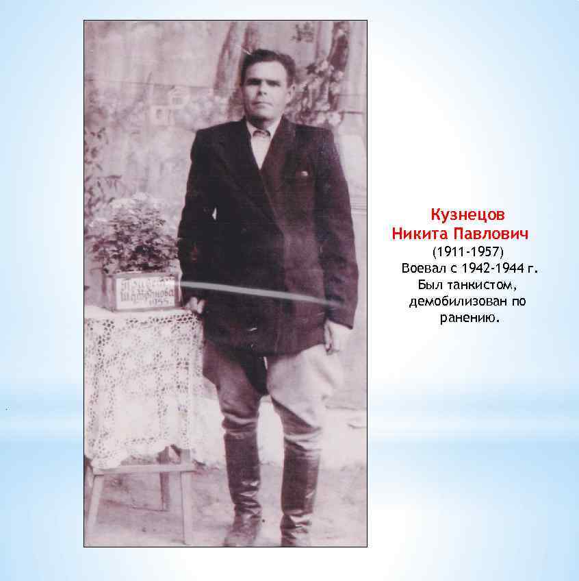 Кузнецов Никита Павлович (1911 -1957) Воевал с 1942 -1944 г. Был танкистом, демобилизован по
