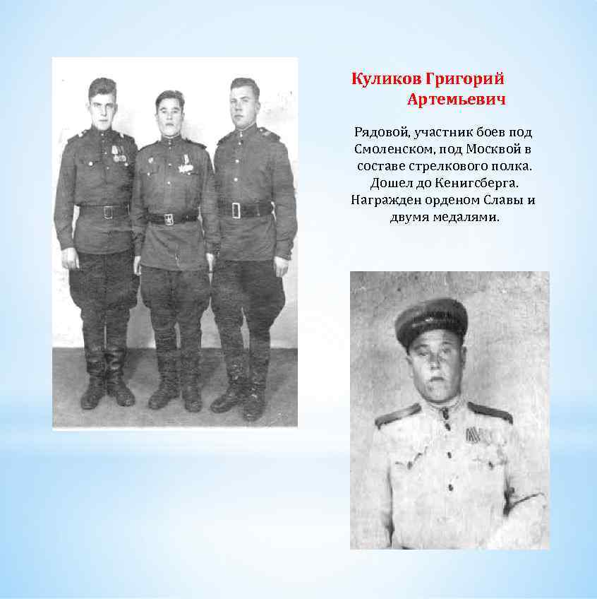 Куликов Григорий Артемьевич Рядовой, участник боев под Смоленском, под Москвой в составе стрелкового полка.