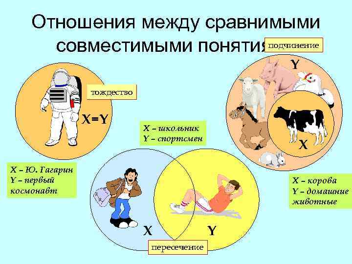 Отношения между сравнимыми подчинение совместимыми понятиями Y тождество X=Y X – школьник Y –