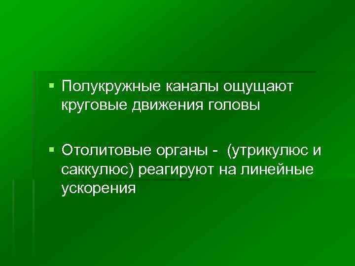 § Полукружные каналы ощущают круговые движения головы § Отолитовые органы - (утрикулюс и саккулюс)