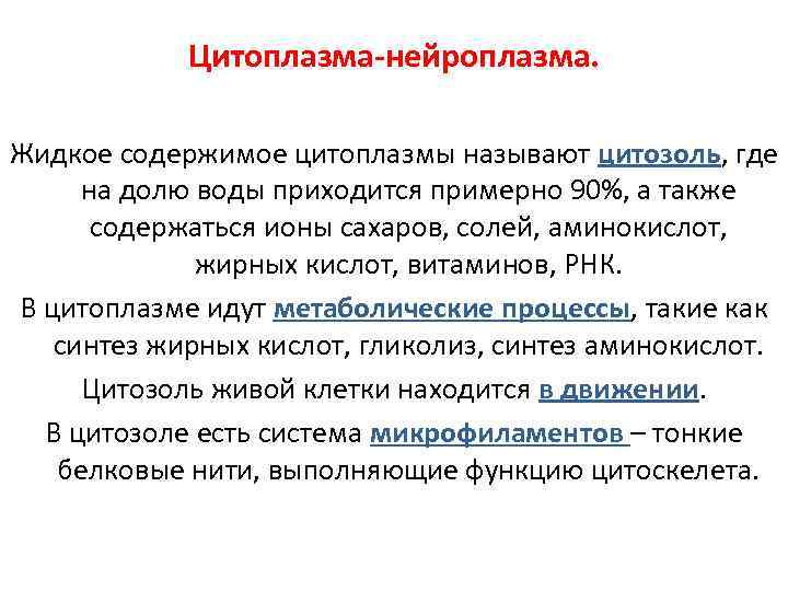 Цитоплазма-нейроплазма. Жидкое содержимое цитоплазмы называют цитозоль, где на долю воды приходится примерно 90%, а