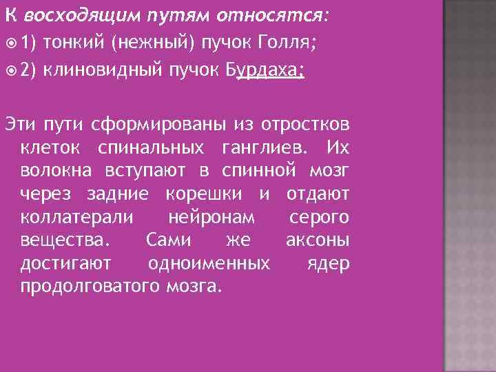 К восходящим путям относятся: 1) тонкий (нежный) пучок Голля; 2) клиновидный пучок Бурдаха; Эти