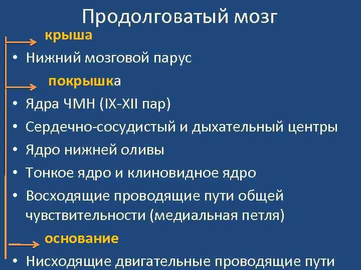 Продолговатый мозг • • крыша Нижний мозговой парус покрышка Ядра ЧМН (IX-XII пар) Сердечно-сосудистый