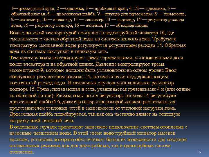 1—трехходовый кран, 2 —задвижка, 3 — пробковый кран, 4, 12 — грязевики, 5 —