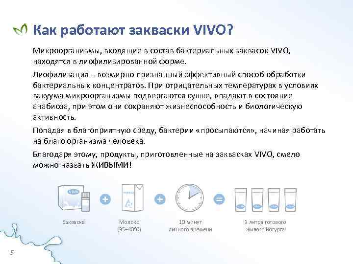 Как работают закваски VIVO? Микроорганизмы, входящие в состав бактериальных заквасок VIVO, находятся в лиофилизированной