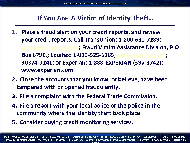 DEPARTMENT OF THE NAVY CHIEF INFORMATION OFFICER If You Are A Victim of Identity