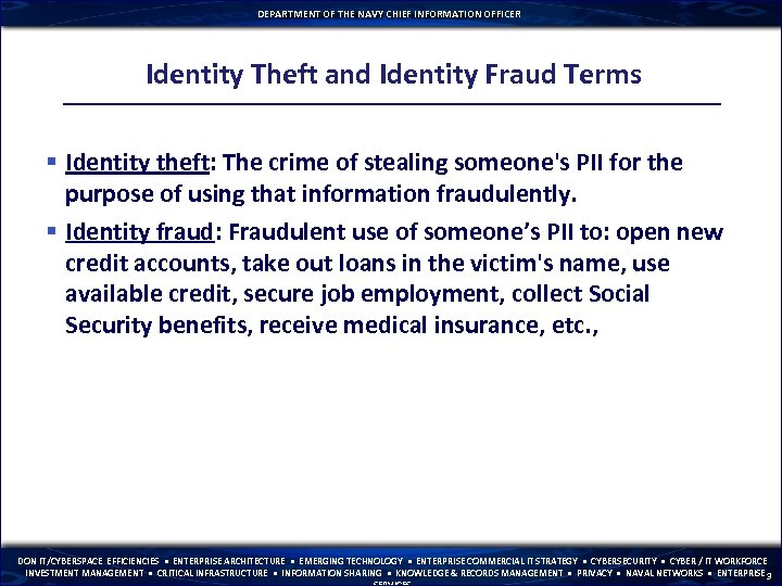 DEPARTMENT OF THE NAVY CHIEF INFORMATION OFFICER Identity Theft and Identity Fraud Terms §