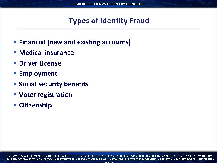 DEPARTMENT OF THE NAVY CHIEF INFORMATION OFFICER Types of Identity Fraud § Financial (new