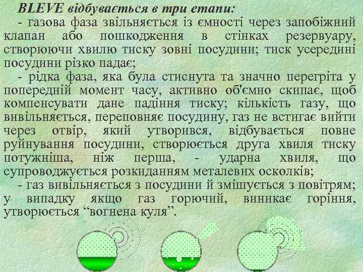 BLEVE відбувається в три етапи: - газова фаза звільняється із ємності через запобіжний клапан