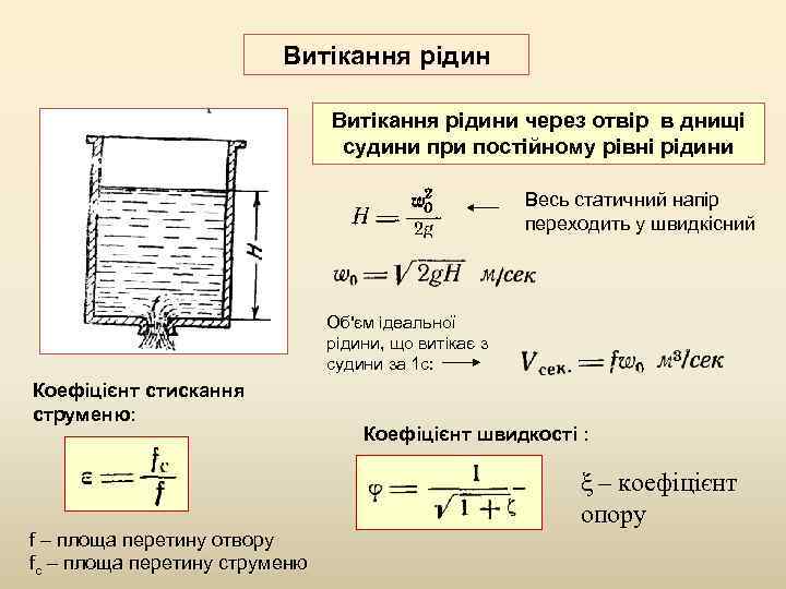 Витікання рідини через отвір в днищі судини при постійному рівні рідини Весь статичний напір