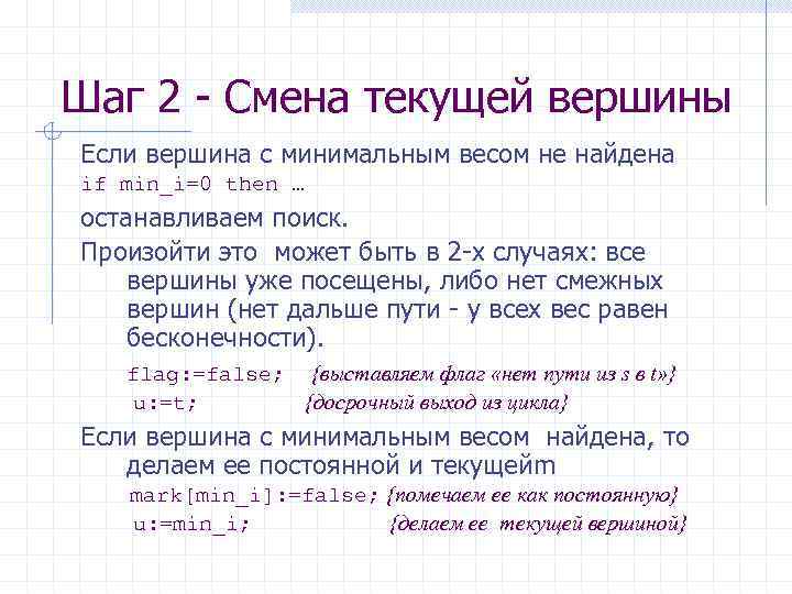 Шаг 2 - Смена текущей вершины Если вершина с минимальным весом не найдена if