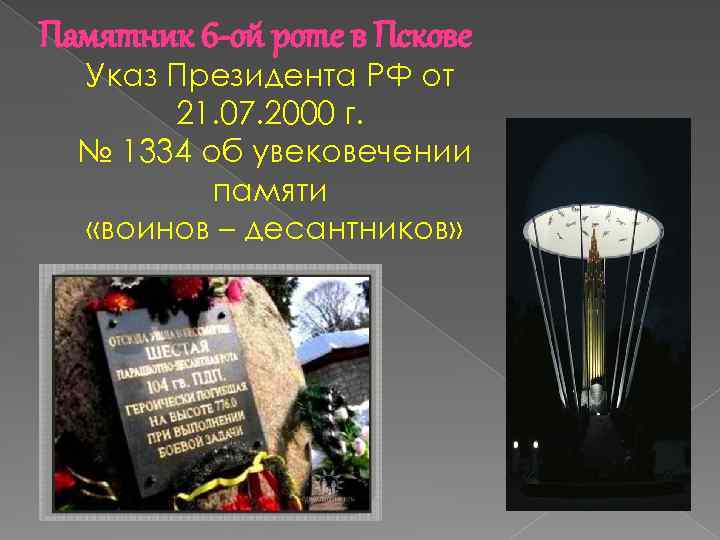 Памятник 6 -ой роте в Пскове Указ Президента РФ от 21. 07. 2000 г.