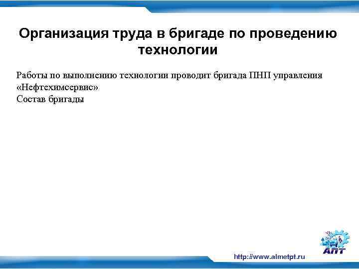 Организация труда в бригаде по проведению технологии Работы по выполнению технологии проводит бригада ПНП