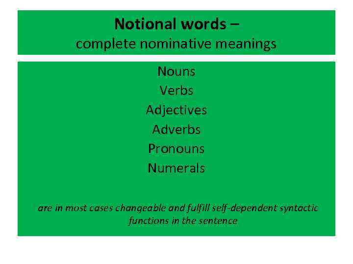 Notional words – complete nominative meanings Nouns Verbs Adjectives Adverbs Pronouns Numerals are in