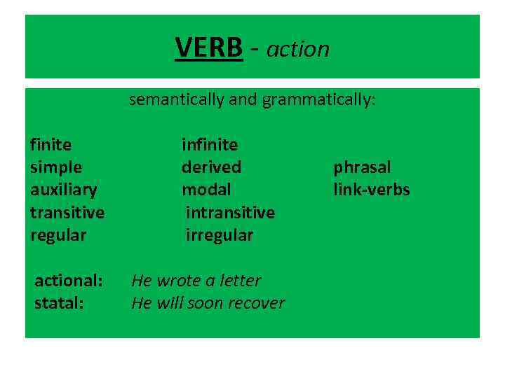 VERB - action semantically and grammatically: finite simple auxiliary transitive regular actional: statal: infinite