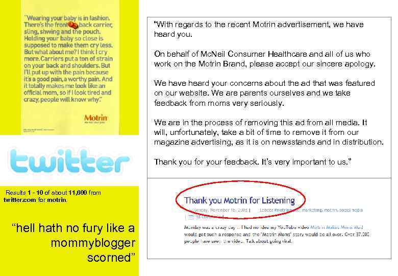 “With regards to the recent Motrin advertisement, we have heard you. On behalf of