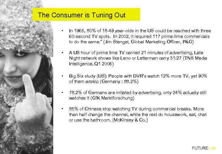 The Consumer is Tuning Out • In 1965, 80% of 18 -49 year-olds in