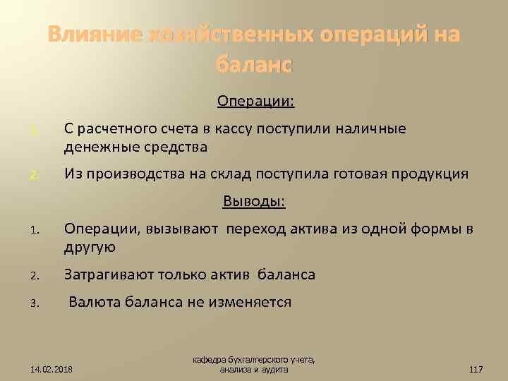 Влияние хозяйственных операций на баланс Операции: 1. С расчетного счета в кассу поступили наличные