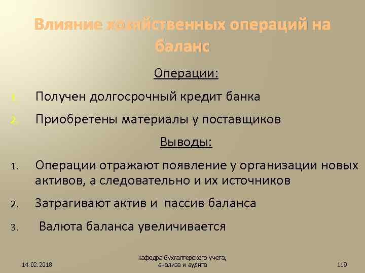 Влияние хозяйственных операций на баланс Операции: 1. Получен долгосрочный кредит банка 2. Приобретены материалы