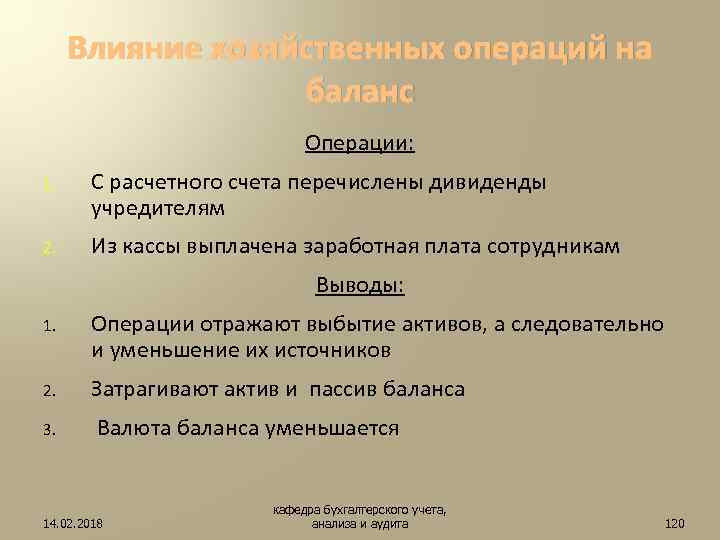 Влияние хозяйственных операций на баланс Операции: 1. С расчетного счета перечислены дивиденды учредителям 2.