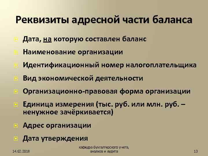 Реквизиты адресной части баланса Дата, на которую составлен баланс Наименование организации Идентификационный номер налогоплательщика