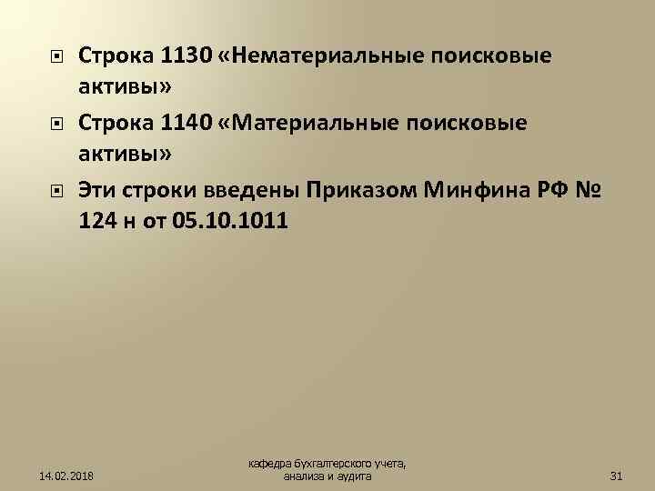  Строка 1130 «Нематериальные поисковые активы» Строка 1140 «Материальные поисковые активы» Эти строки введены